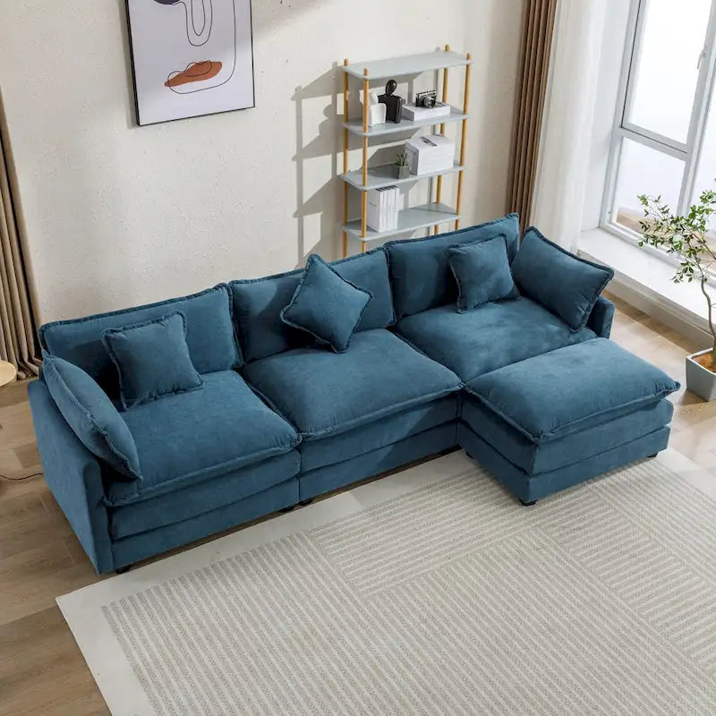 Roomfitters L-förmiges Sofa aus Chenille mit Ottomane und 5 Kissen, modernes Luxus-Sofa für das Wohnzimmer