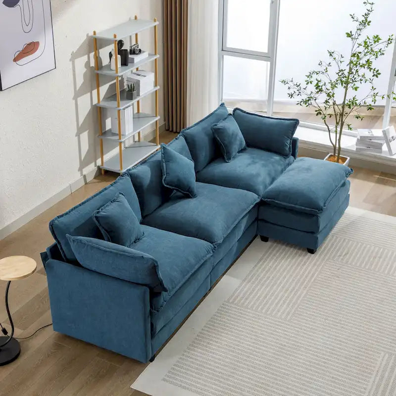 Roomfitters L-förmiges Sofa aus Chenille mit Ottomane und 5 Kissen, modernes Luxus-Sofa für das Wohnzimmer
