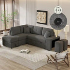 Roomfitters Schlafsofa-Eckgarnitur mit Stauraum-Ottomane, zwei Wurfkissen, zwei Hockern, kabellosem Ladegerät