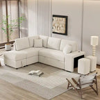 Roomfitters Schlafsofa-Eckgarnitur mit Stauraum-Ottomane, zwei Wurfkissen, zwei Hockern, kabellosem Ladegerät
