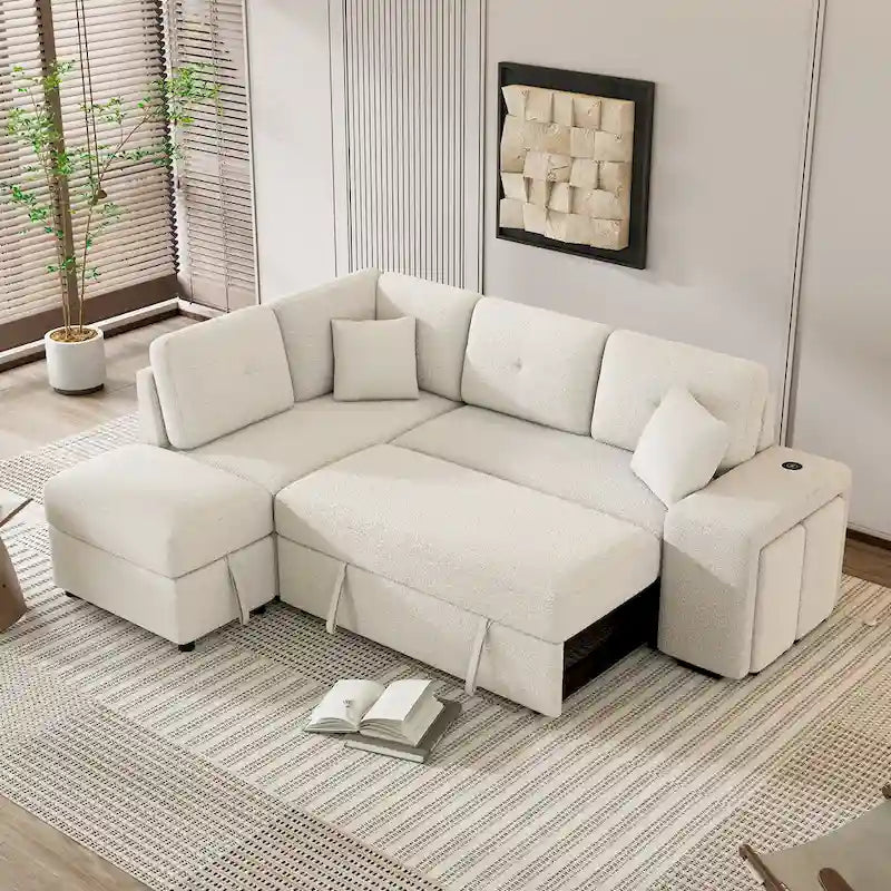 Roomfitters Schlafsofa-Eckgarnitur mit Stauraum-Ottomane, zwei Wurfkissen, zwei Hockern, kabellosem Ladegerät