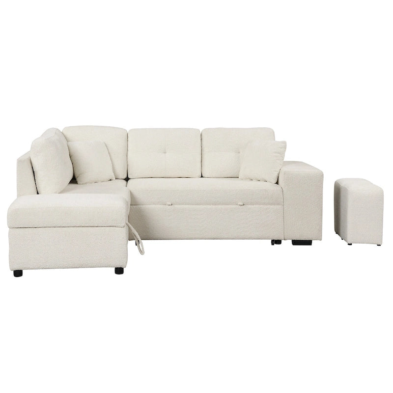 Roomfitters Schlafsofa-Eckgarnitur mit Stauraum-Ottomane, zwei Wurfkissen, zwei Hockern, kabellosem Ladegerät
