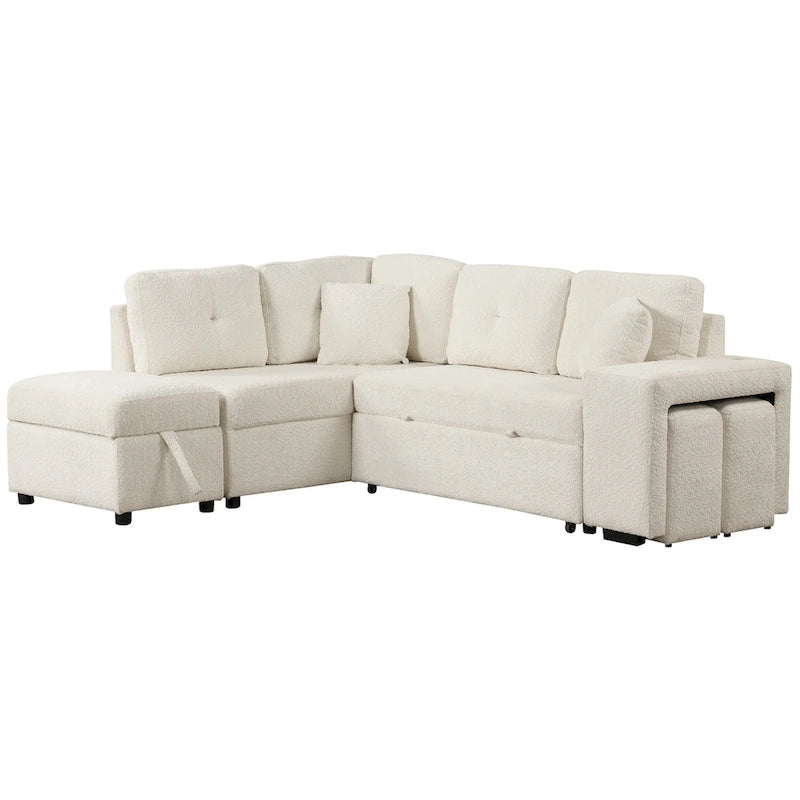Roomfitters Schlafsofa-Eckgarnitur mit Stauraum-Ottomane, zwei Wurfkissen, zwei Hockern, kabellosem Ladegerät