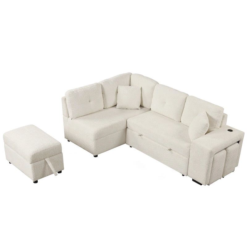 Roomfitters Schlafsofa-Eckgarnitur mit Stauraum-Ottomane, zwei Wurfkissen, zwei Hockern, kabellosem Ladegerät