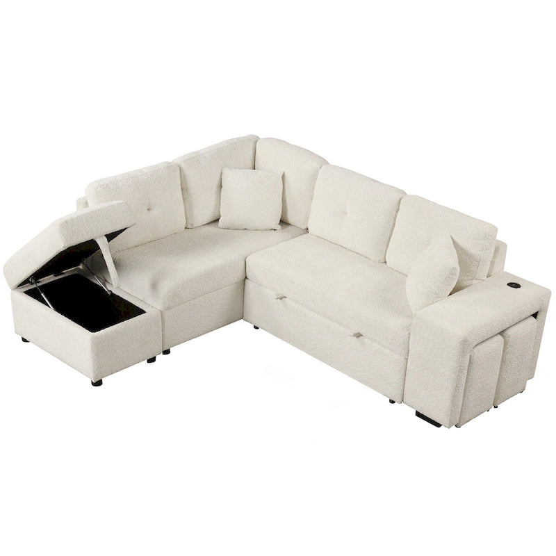 Roomfitters Schlafsofa-Eckgarnitur mit Stauraum-Ottomane, zwei Wurfkissen, zwei Hockern, kabellosem Ladegerät