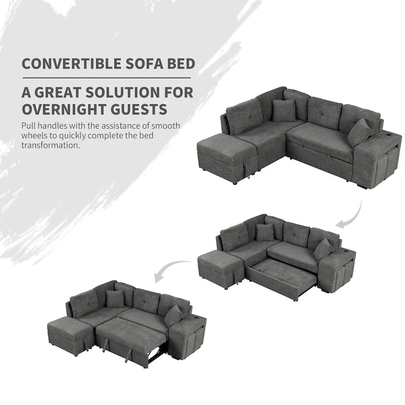 Roomfitters Schlafsofa-Eckgarnitur mit Stauraum-Ottomane, zwei Wurfkissen, zwei Hockern, kabellosem Ladegerät