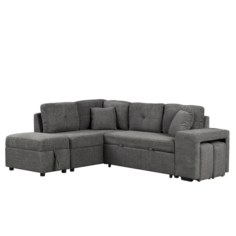 Roomfitters Schlafsofa-Eckgarnitur mit Stauraum-Ottomane, zwei Wurfkissen, zwei Hockern, kabellosem Ladegerät