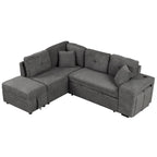 Roomfitters Schlafsofa-Eckgarnitur mit Stauraum-Ottomane, zwei Wurfkissen, zwei Hockern, kabellosem Ladegerät