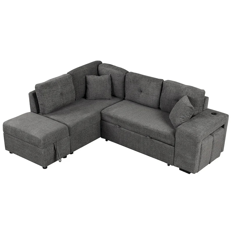 Roomfitters Schlafsofa-Eckgarnitur mit Stauraum-Ottomane, zwei Wurfkissen, zwei Hockern, kabellosem Ladegerät