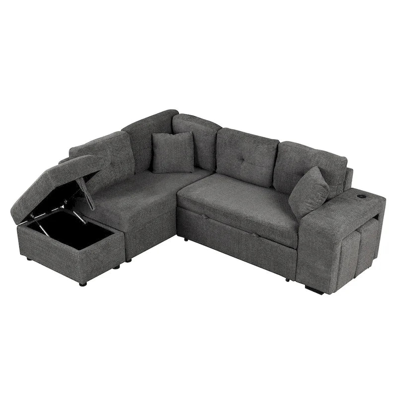 Roomfitters Schlafsofa-Eckgarnitur mit Stauraum-Ottomane, zwei Wurfkissen, zwei Hockern, kabellosem Ladegerät