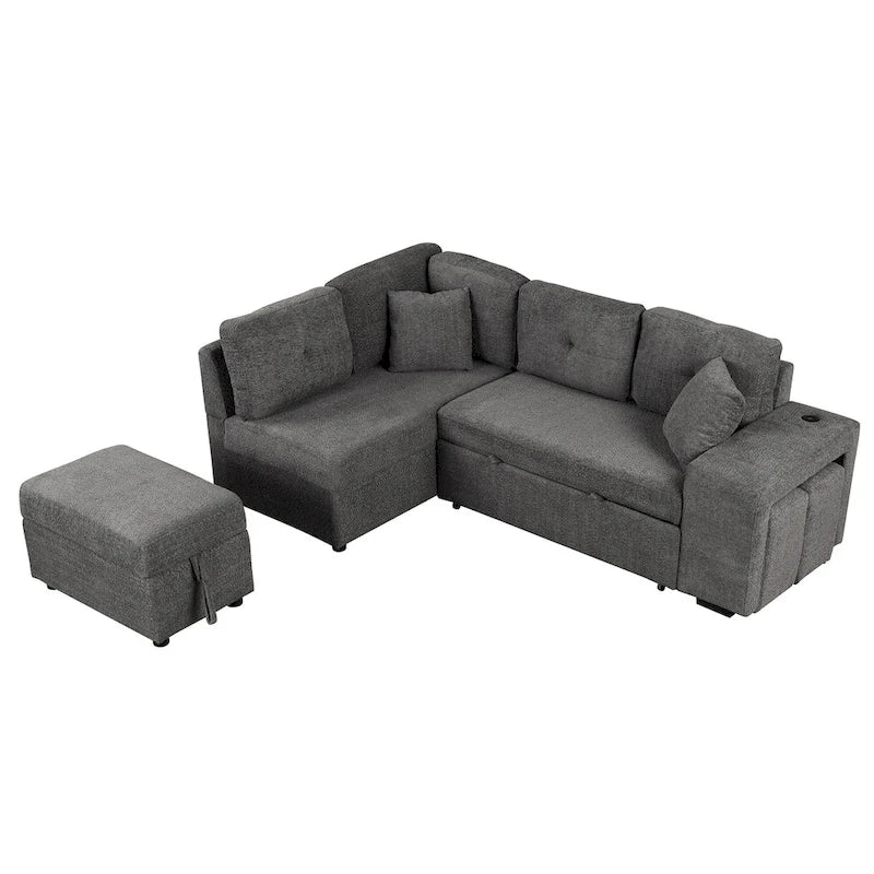 Roomfitters Schlafsofa-Eckgarnitur mit Stauraum-Ottomane, zwei Wurfkissen, zwei Hockern, kabellosem Ladegerät