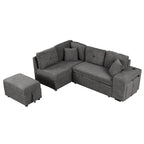 Roomfitters Schlafsofa-Eckgarnitur mit Stauraum-Ottomane, zwei Wurfkissen, zwei Hockern, kabellosem Ladegerät