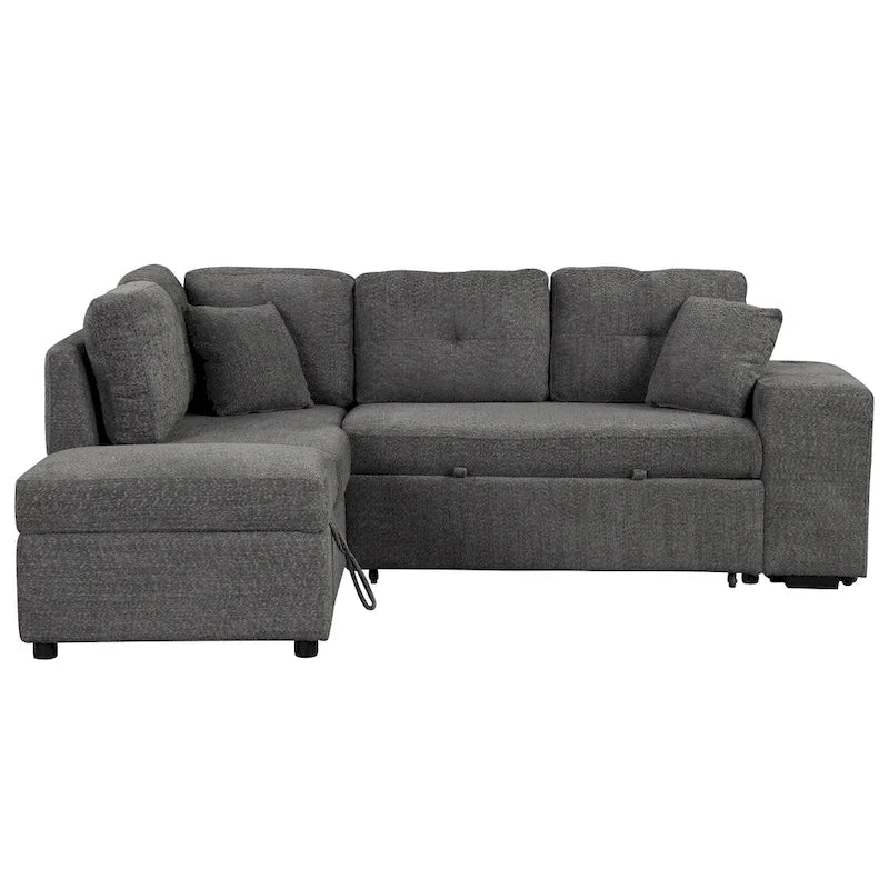 Roomfitters Schlafsofa-Eckgarnitur mit Stauraum-Ottomane, zwei Wurfkissen, zwei Hockern, kabellosem Ladegerät