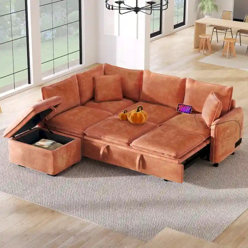 Roomfitters umwandelbares Schlafsofa als Sektionsschläfer mit Stauraum-Ottomane, zwei Kissen, USB-Anschlüssen und Steckdosen
