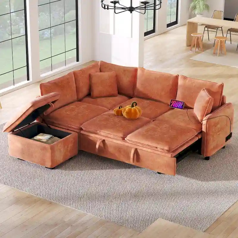 Roomfitters umwandelbares Schlafsofa als Sektionsschläfer mit Stauraum-Ottomane, zwei Kissen, USB-Anschlüssen und Steckdosen