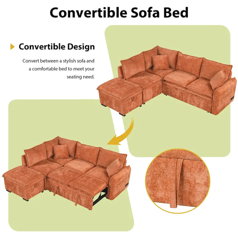 Roomfitters umwandelbares Schlafsofa als Sektionsschläfer mit Stauraum-Ottomane, zwei Kissen, USB-Anschlüssen und Steckdosen