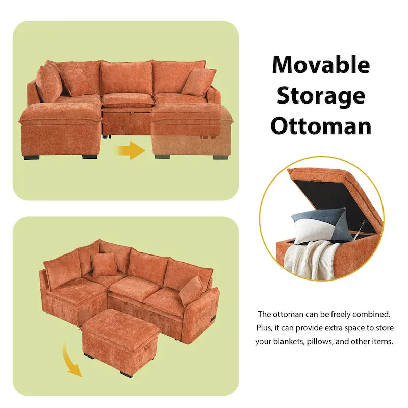 Roomfitters umwandelbares Schlafsofa als Sektionsschläfer mit Stauraum-Ottomane, zwei Kissen, USB-Anschlüssen und Steckdosen