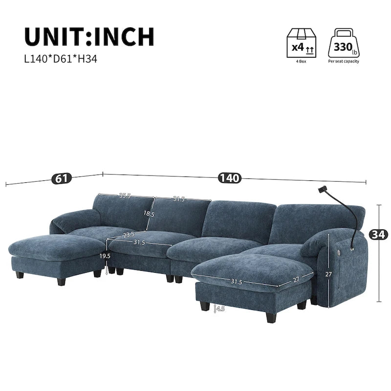 U-förmiges Sektionalsofa Indoor Chaiselongue mit USB- und Typ-C-Ladegerät