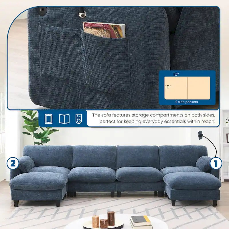 U-förmiges Sektionalsofa Indoor Chaiselongue mit USB- und Typ-C-Ladegerät