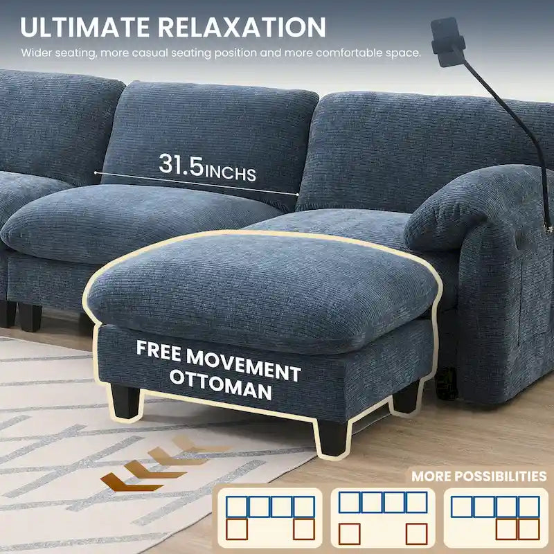 U-förmiges Sektionalsofa Indoor Chaiselongue mit USB- und Typ-C-Ladegerät