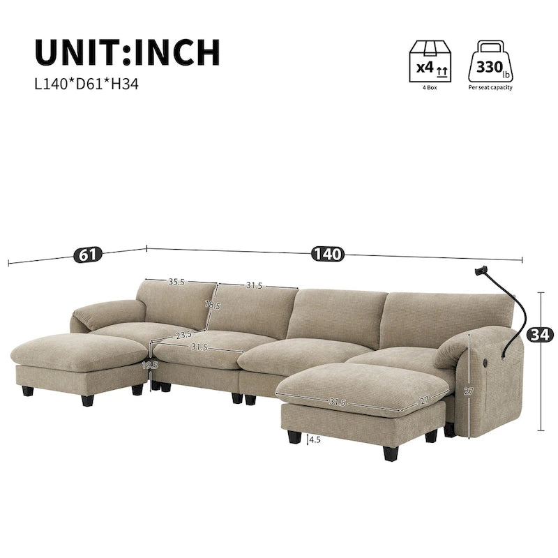 U-förmiges Sektionalsofa Indoor Chaiselongue mit USB- und Typ-C-Ladegerät