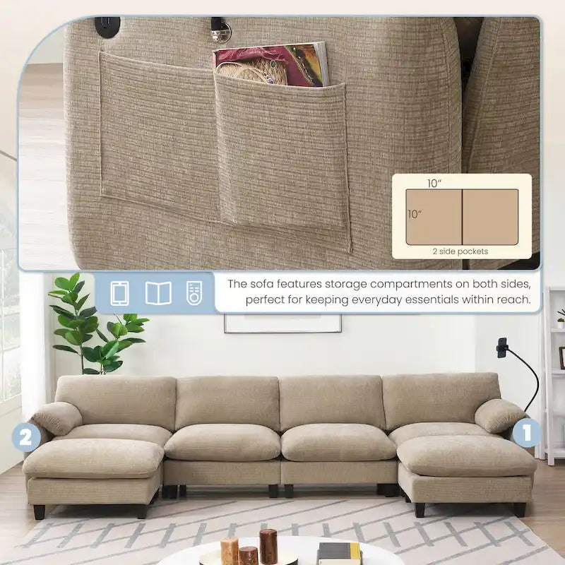 U-förmiges Sektionalsofa Indoor Chaiselongue mit USB- und Typ-C-Ladegerät