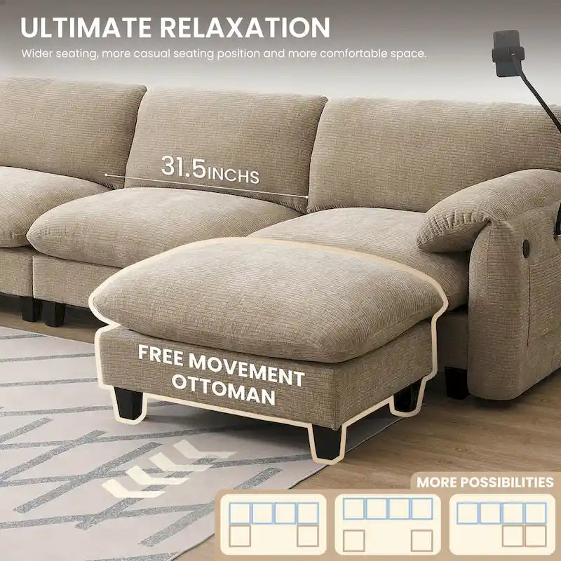 U-förmiges Sektionalsofa Indoor Chaiselongue mit USB- und Typ-C-Ladegerät