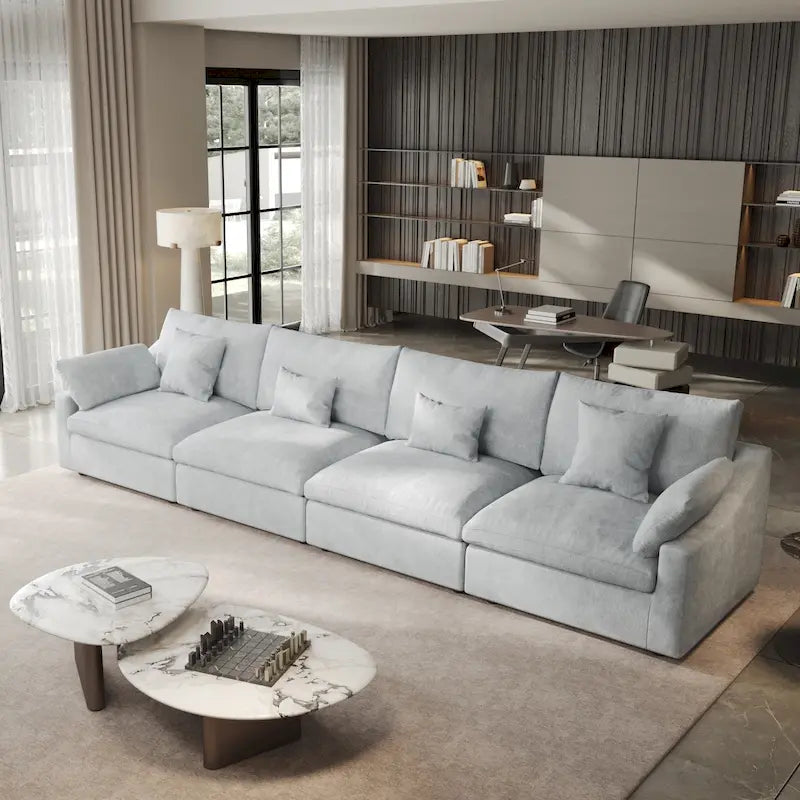 Klassisches, modernes Leinen-Ecksofa, modular, 4-Sitzer, Daunenfüllung, Cloud Couch mit Kissen