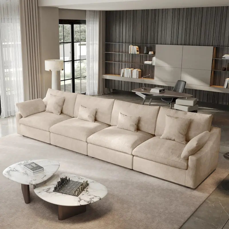 Klassisches, modernes Leinen-Ecksofa, modular, 4-Sitzer, Daunenfüllung, Cloud Couch mit Kissen