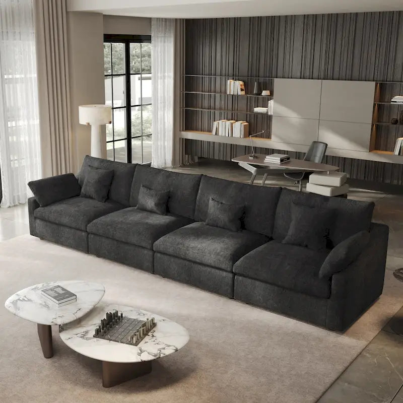 Klassisches, modernes Leinen-Ecksofa, modular, 4-Sitzer, Daunenfüllung, Cloud Couch mit Kissen