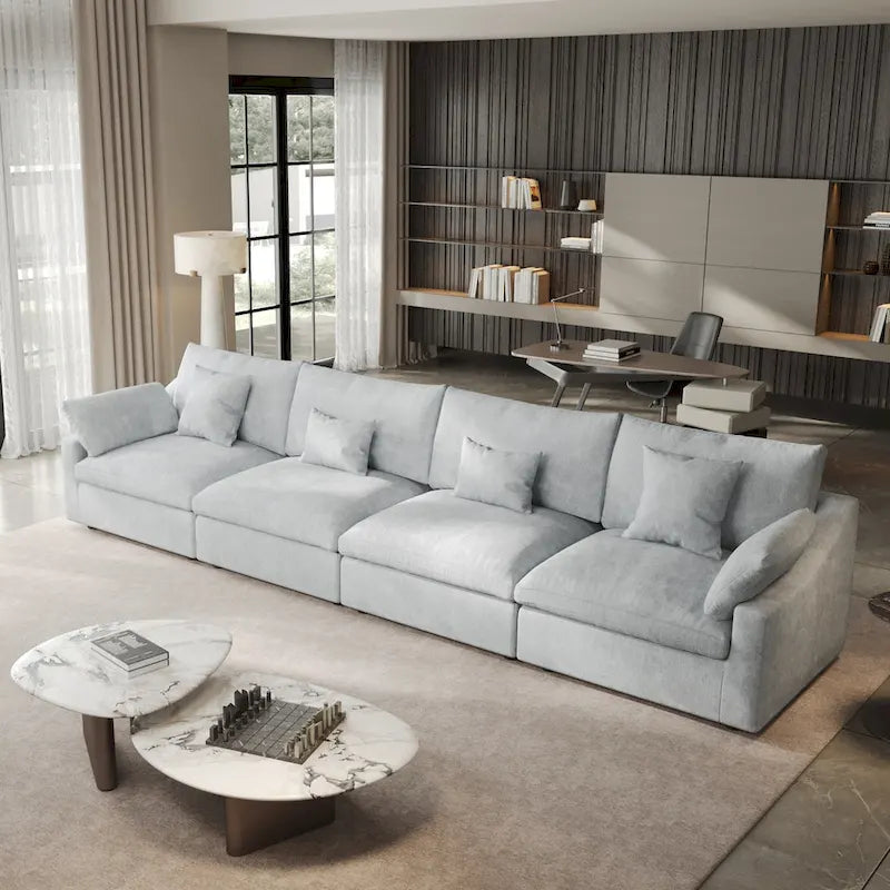 Klassisches, modernes Leinen-Ecksofa, modular, 4-Sitzer, Daunenfüllung, Cloud Couch mit Kissen