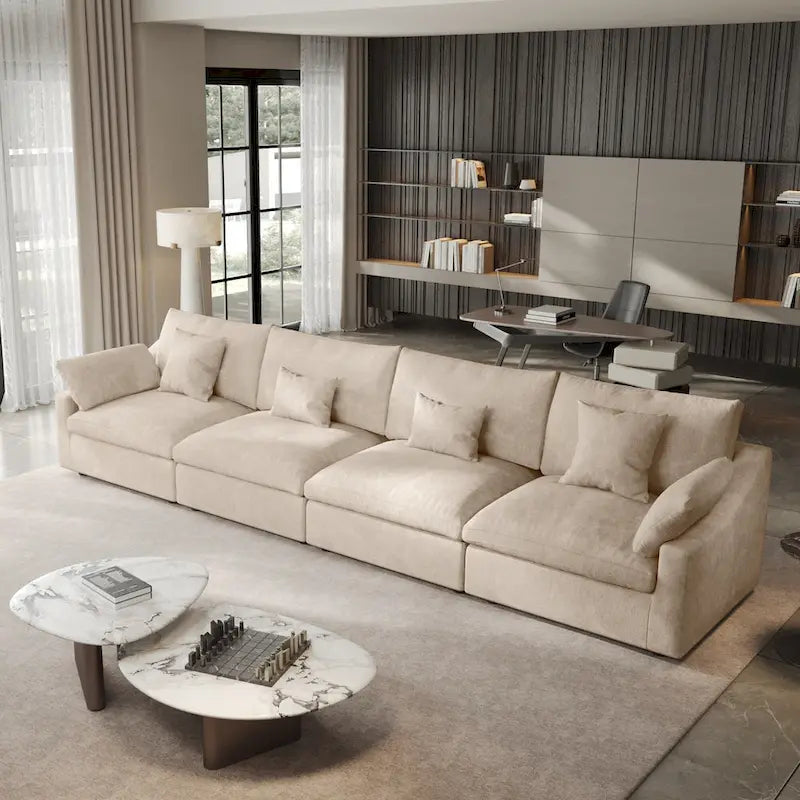 Klassisches, modernes Leinen-Ecksofa, modular, 4-Sitzer, Daunenfüllung, Cloud Couch mit Kissen