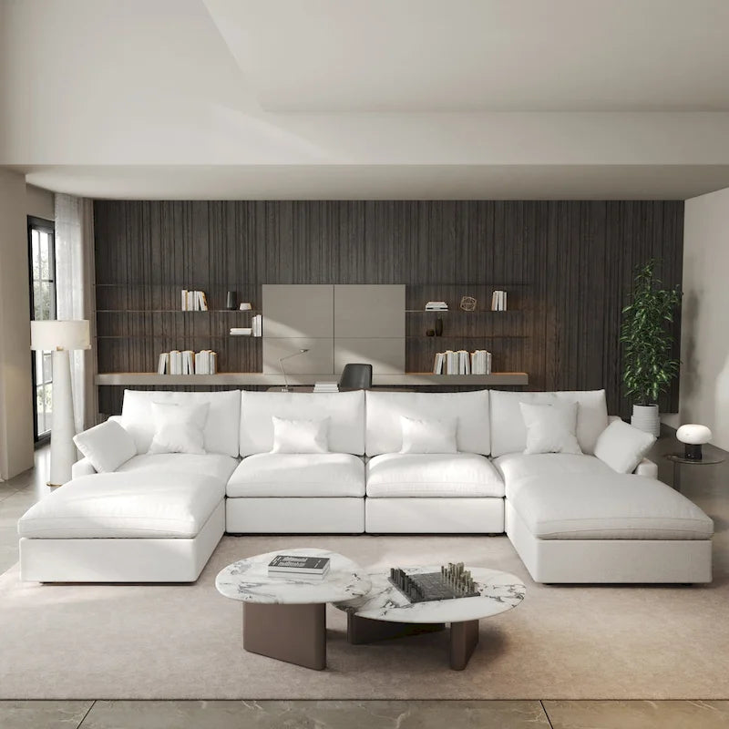 Minimalistisches Leinen-Ecksofa mit Daunenfüllung, Cloud Couch, U-förmiges Tiefsitzsofa mit Kissen