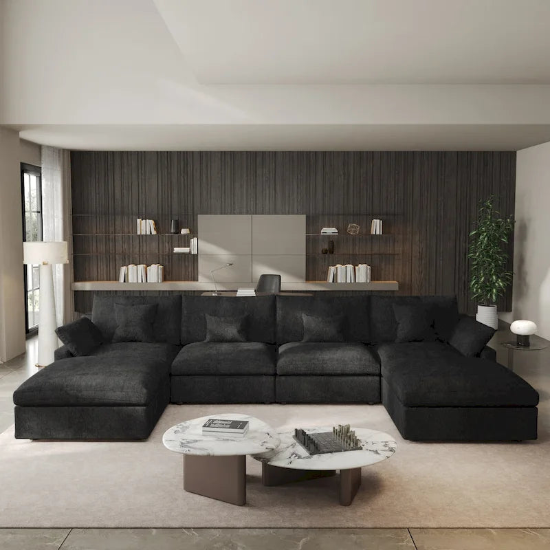 Minimalistisches Leinen-Ecksofa mit Daunenfüllung, Cloud Couch, U-förmiges Tiefsitzsofa mit Kissen