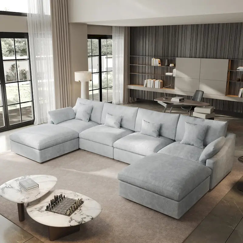 Minimalistisches Leinen-Ecksofa mit Daunenfüllung, Cloud Couch, U-förmiges Tiefsitzsofa mit Kissen