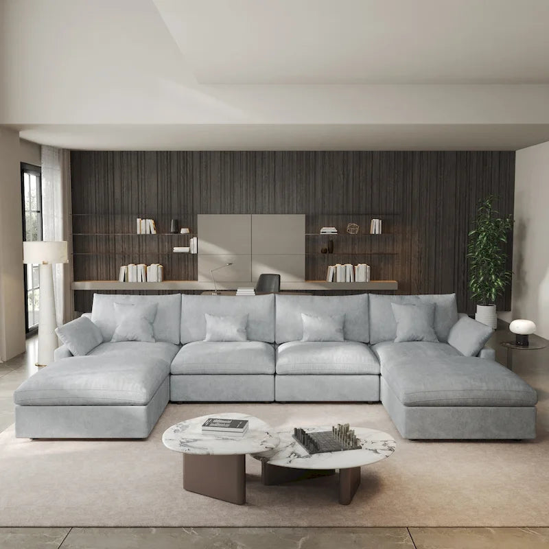 Minimalistisches Leinen-Ecksofa mit Daunenfüllung, Cloud Couch, U-förmiges Tiefsitzsofa mit Kissen