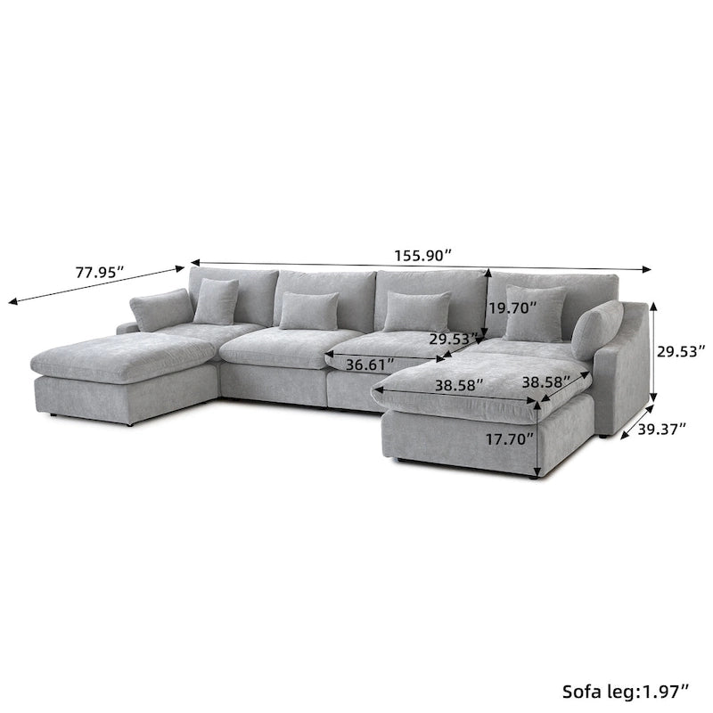Minimalistisches Leinen-Ecksofa mit Daunenfüllung, Cloud Couch, U-förmiges Tiefsitzsofa mit Kissen