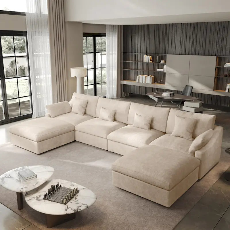 Minimalistisches Leinen-Ecksofa mit Daunenfüllung, Cloud Couch, U-förmiges Tiefsitzsofa mit Kissen