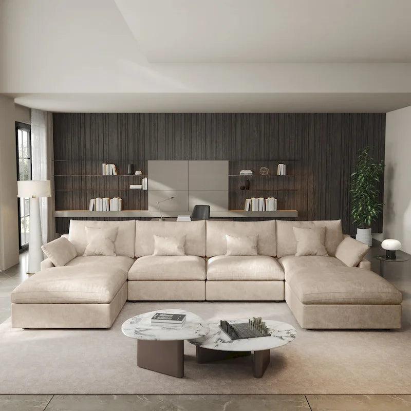 Minimalistisches Leinen-Ecksofa mit Daunenfüllung, Cloud Couch, U-förmiges Tiefsitzsofa mit Kissen
