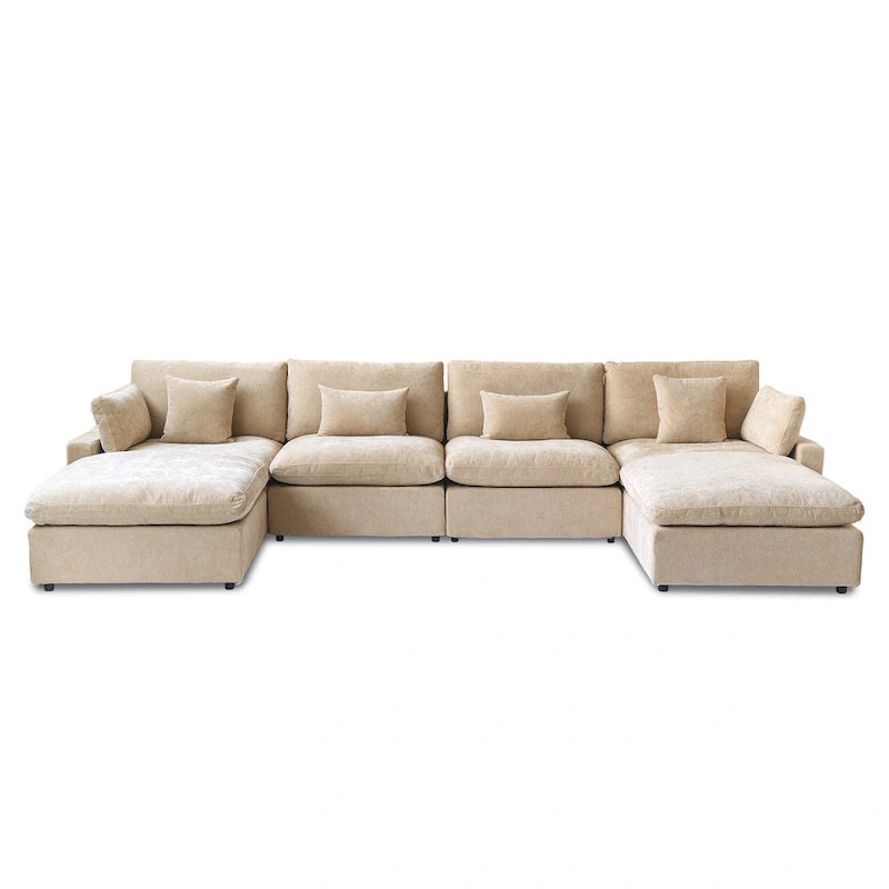 Minimalistisches Leinen-Ecksofa mit Daunenfüllung, Cloud Couch, U-förmiges Tiefsitzsofa mit Kissen
