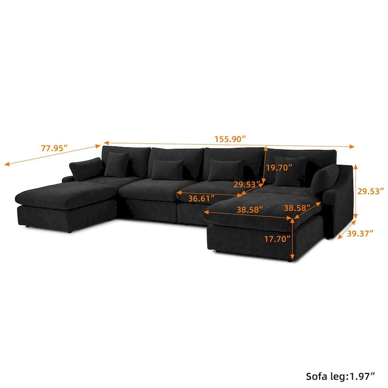 Minimalistisches Leinen-Ecksofa mit Daunenfüllung, Cloud Couch, U-förmiges Tiefsitzsofa mit Kissen