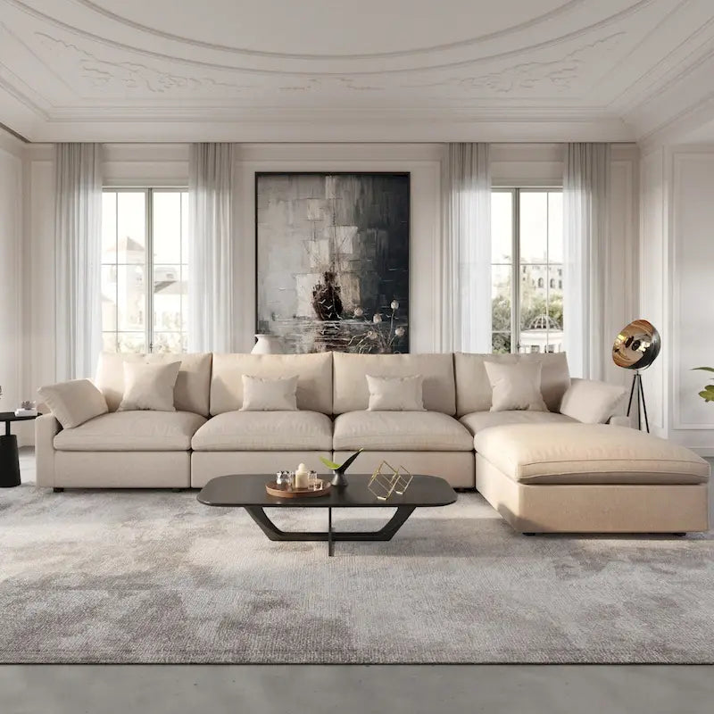 Modulares Ecksofa Cloud Couch mit Ottoman, L-förmiges Ecksofa aus Leinenmischung, minimalistisches Design, für das Wohnzimmer, Khaki