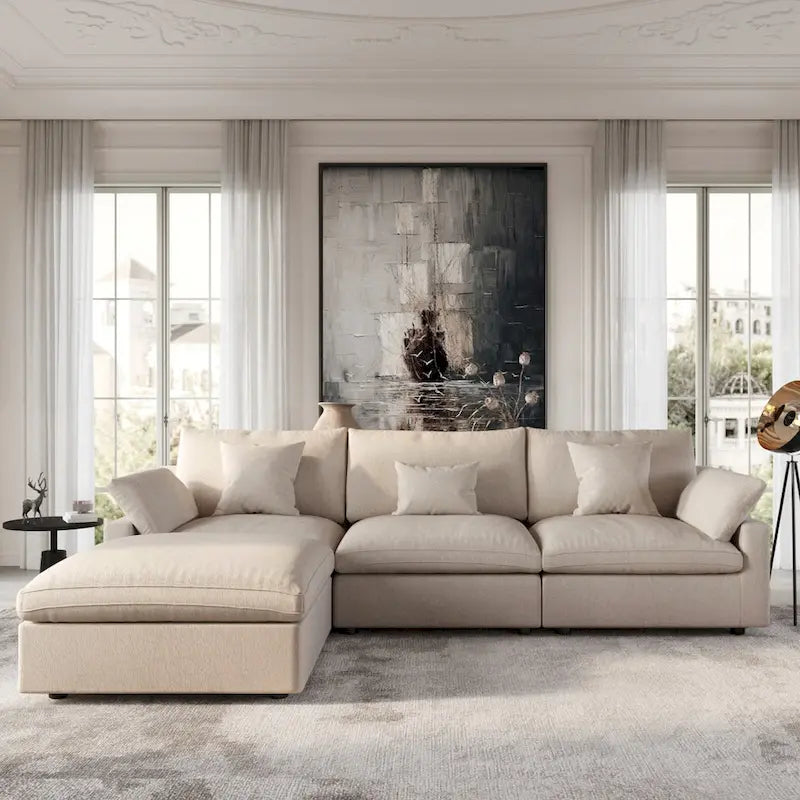 Modulares Ecksofa Cloud Couch mit Ottoman, L-förmiges Ecksofa aus Leinenmischung, minimalistisches Design, für das Wohnzimmer, Khaki