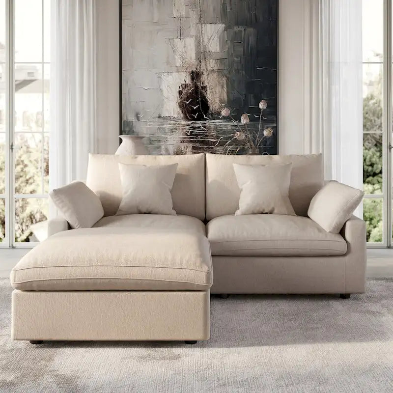 Modulares Ecksofa Cloud Couch mit Ottoman, L-förmiges Ecksofa aus Leinenmischung, minimalistisches Design, für das Wohnzimmer, Khaki
