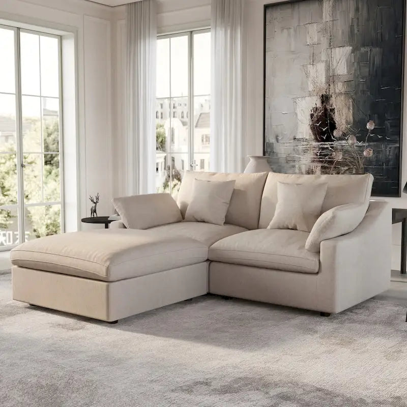 Modulares Ecksofa Cloud Couch mit Ottoman, L-förmiges Ecksofa aus Leinenmischung, minimalistisches Design, für das Wohnzimmer, Khaki