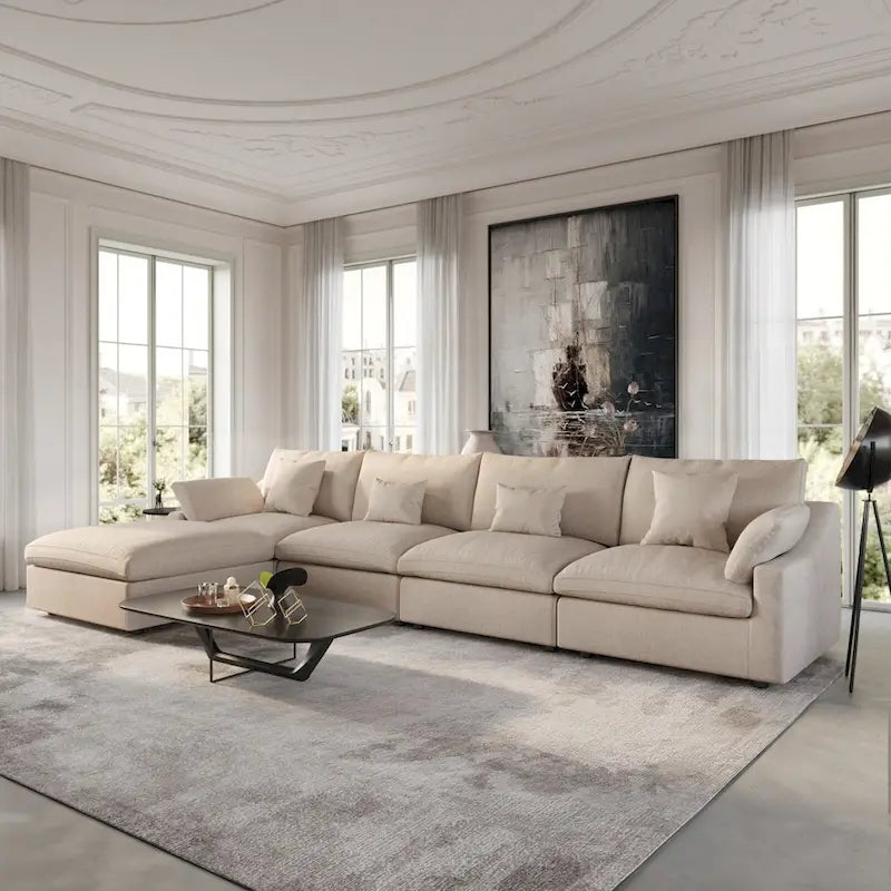 Modulares Ecksofa Cloud Couch mit Ottoman, L-förmiges Ecksofa aus Leinenmischung, minimalistisches Design, für das Wohnzimmer, Khaki