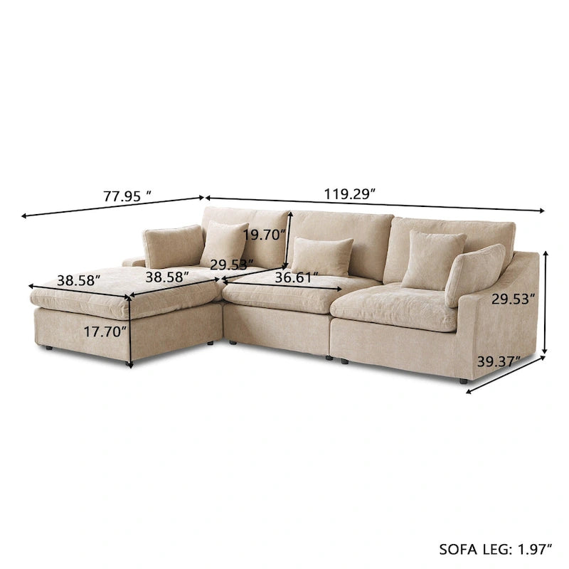 Modulares Ecksofa Cloud Couch mit Ottoman, L-förmiges Ecksofa aus Leinenmischung, minimalistisches Design, für das Wohnzimmer, Khaki