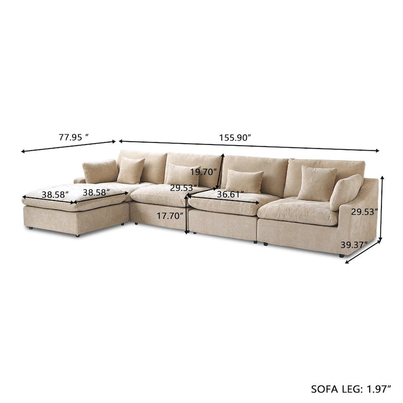 Modulares Ecksofa Cloud Couch mit Ottoman, L-förmiges Ecksofa aus Leinenmischung, minimalistisches Design, für das Wohnzimmer, Khaki