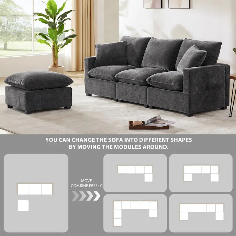 L-förmiges modulares Ecksofa, 4-Sitzer Chenille-Sofa