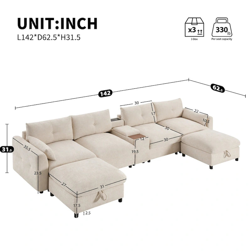 142 Modulares U-förmiges Sektionalsofa mit Aufbewahrungshocker und Konsole